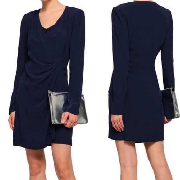 ✨HP✨Renie V-neck Long-sleeve Wrap In Navy Blue Viscose Short Casual Dress✨ - Picture 2 of 12